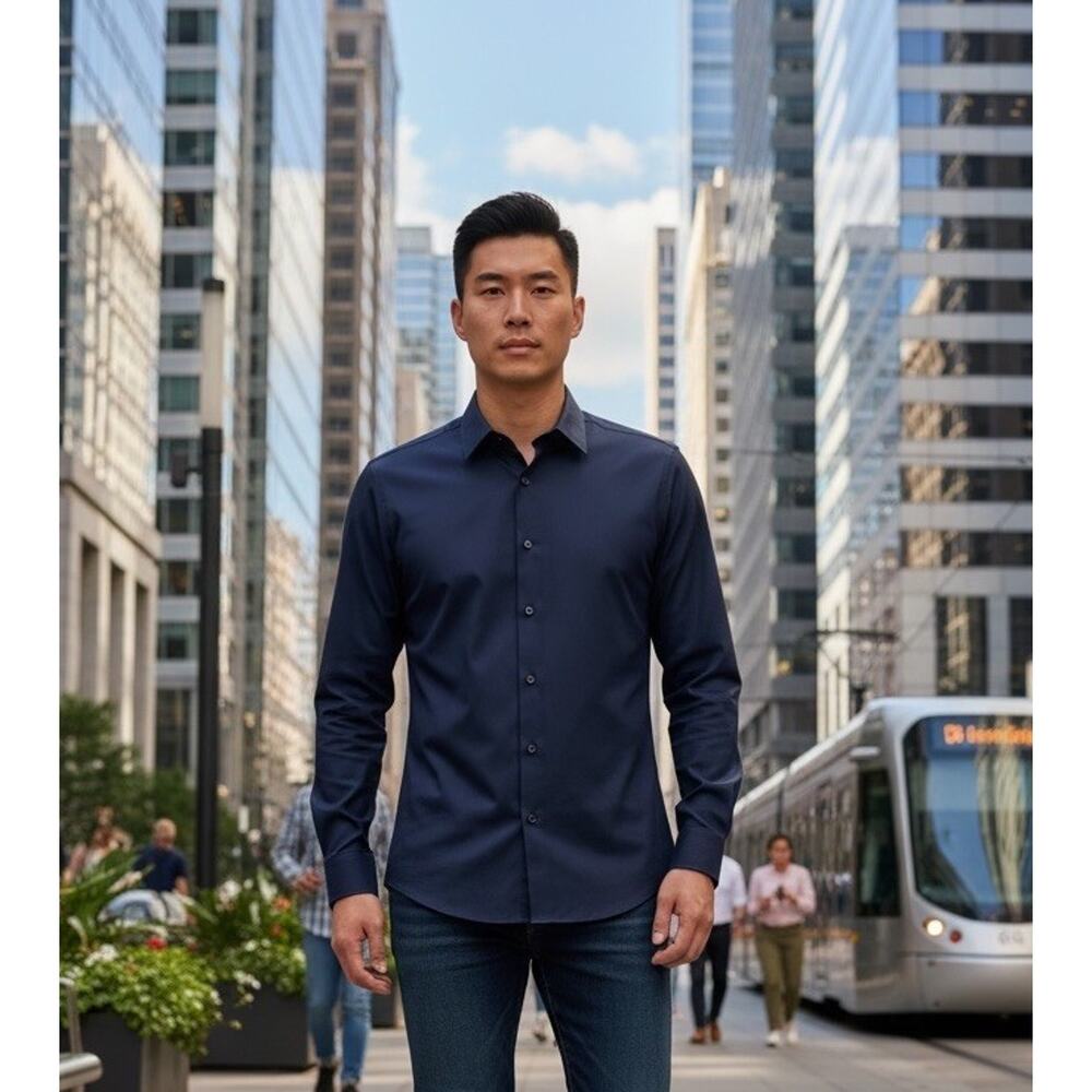 Calvin Klein Men's Long Sleeve Button-Up Dress Shirt, Navy Blue, Size Large